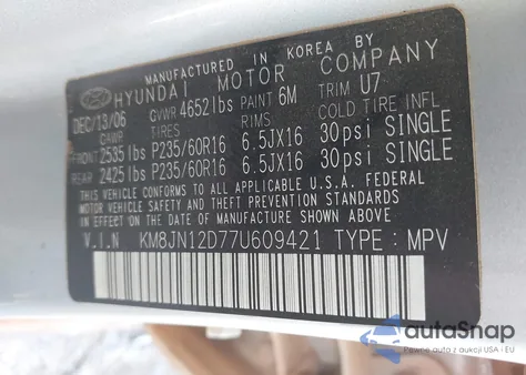 2007 Hyundai Tucson Limited/Se из США, поврежденный, VIN KM8JN12D77U609421